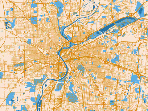 Street network map of Dayton, Ohio, featuring warm cream background with golden road lines and bright blue water in a clean flat cartographic style