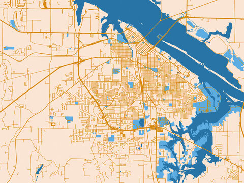 City layout poster &mdash; Decatur, Alabama &ndash; golden linework with blue water