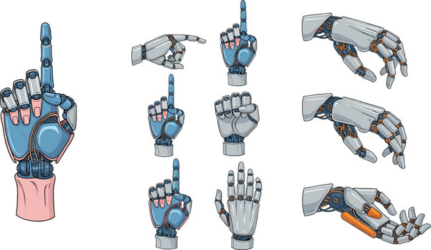 Robotic hand gestures set with futuristic cyborg arms, pointing, grabbing and mechanical movements technology vector illustration collection