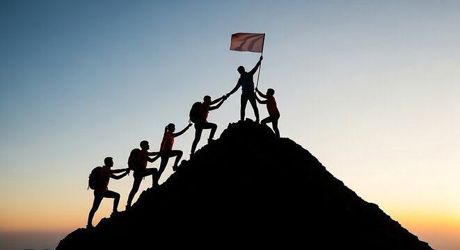 A team of hikers working together to help each other climb up a steep mountain peak at sunset