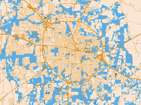 Urban map poster of Dothan, Alabama &ndash; gold and blue map palette