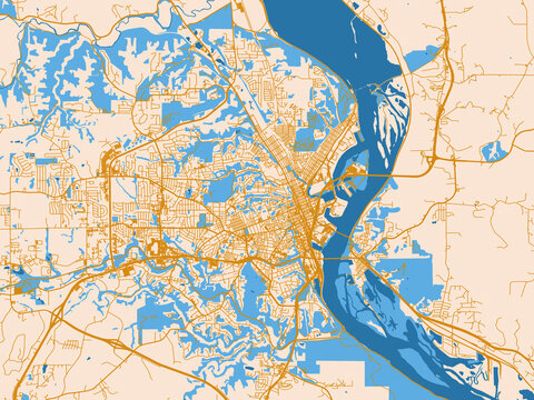 Street map of Dubuque, Iowa in cream map with golden roads