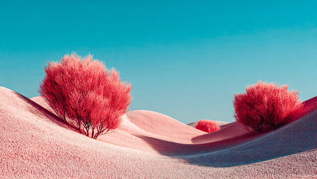 Paysage imaginaire avec sol  et arbres roses