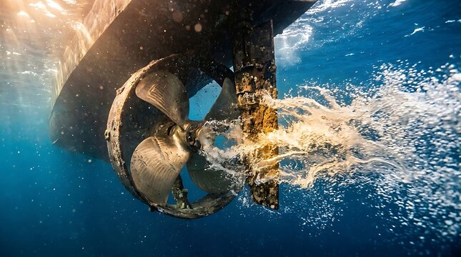 Underwater view of boat propeller and stainless steel blades in motion with bubbles and water spray, showcasing marine engine technology and watercraft propulsion