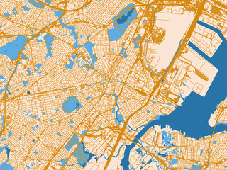 Fototapeta premium Minimal city map of Elizabeth, New Jersey with golden linework with blue water