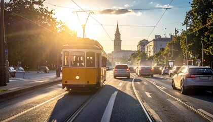 Obraz premium Sunny street scene with a yellow tram, cars, and a distant church tower at sunset