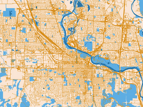 Urban map poster of Eugene, Oregon with warm neutral map design featuring golden roads, pale cream land and bright blue water accents