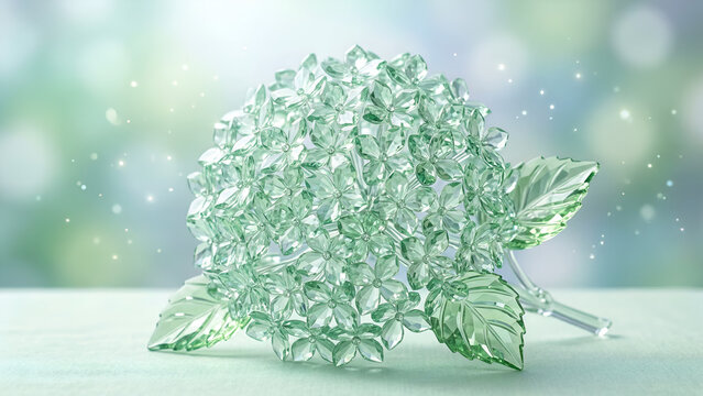 Mint green crystal hydrangea on a soft bokeh background: gem-textured flower, glass hydrangea, fantastical floral wallpaper