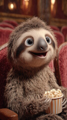 Obraz premium Cute Sloth Watching Movie with Popcorn – Generative AI