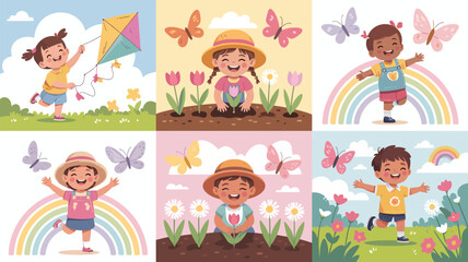 Naklejka premium Joyful children enjoying outdoor activities with kites butterflies and rainbows