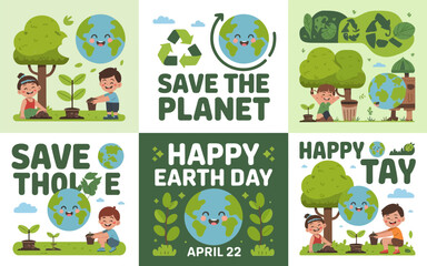 Fototapeta premium Illustrations promoting environmental awareness featuring children and a happy earth