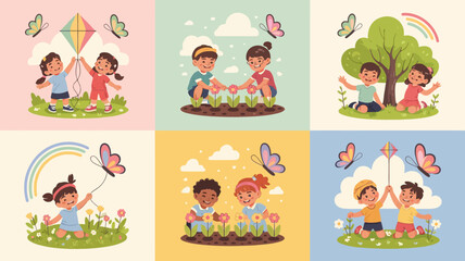 Obraz premium Children enjoying springtime activities flying kites gardening and playing outdoors