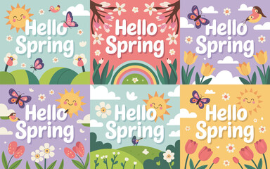 Colorful spring greetings with butterflies flowers and cheerful sun designs © Outline Icon Set