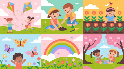 Obraz premium Children enjoying springtime activities flying kites gardening and nature exploration