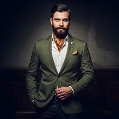 Fototapeta premium Distinguished Gentleman in a Green Blazer with a Stylish Scarf and Pocket Square, Exuding Sophistication and Class
