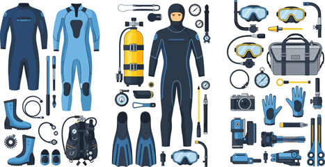 Scuba diving equipment collection with wetsuits, oxygen tanks, fins, masks and underwater gear vector illustration set © MdNazmul