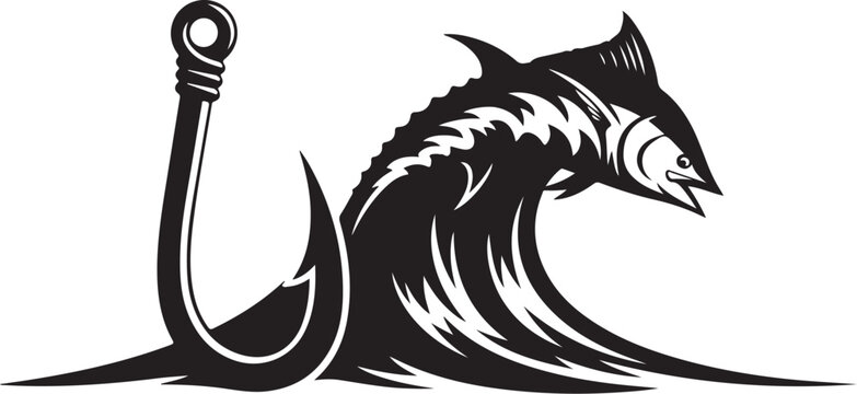 Shark jumping out of wave with fishing hook