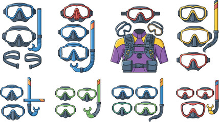 Scuba diving equipment set with masks, snorkels and diving vest, underwater gear collection for ocean adventure, swimming accessories vector illustration bundle © MdNazmul
