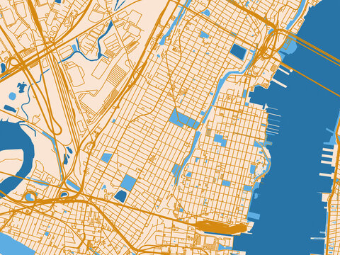 City map of Hoboken, New Jersey &ndash; gold and blue map palette