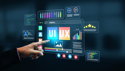 Digital User Interface Design Display with Touch Interaction for User Experience and User Interface Analysis in Modern Web Application Development Quark. © InfiniteFlow
