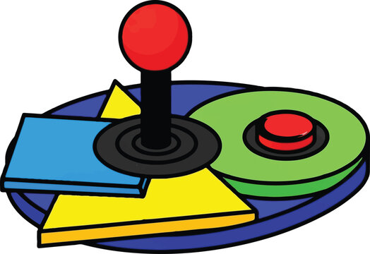 A vibrant digital illustration of a retro arcade game controller with bold geometric shapes design
