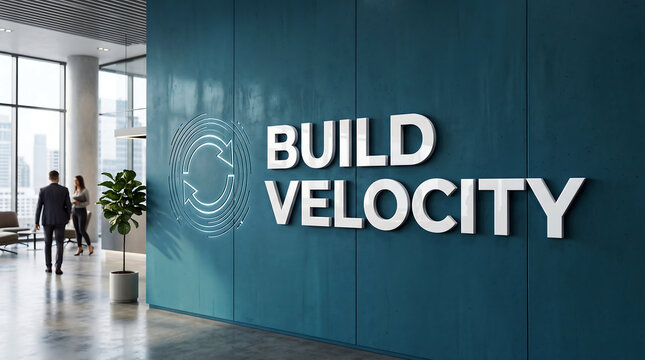 Prominent white dimensional lettering spelling "build velocity" is mounted on a modern, textured teal office wall beside a logo.
