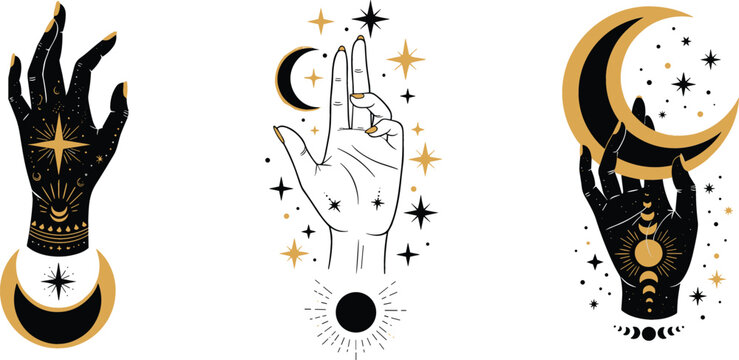 Hand Illustration Set Featuring Mystic Symbols, Stars, Moons, and Sun Motifs in Black and Gold Design