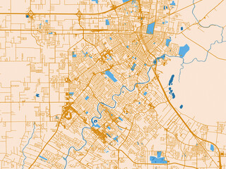 Fototapeta premium Minimal city map of Lafayette, Louisiana with golden linework with blue water