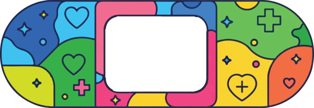 A colorful adhesive bandage featuring a playful design with hearts, stars, and cross symbols