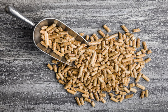 Wood Pellets With Metal Scoop On Concrete Surface For Biomass Fuel And Heating Use