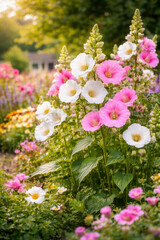 Obraz premium Farbenfrohe Malven in Rosa und Weiß im sonnigen Bauerngarten, sommerliche Blütenpracht