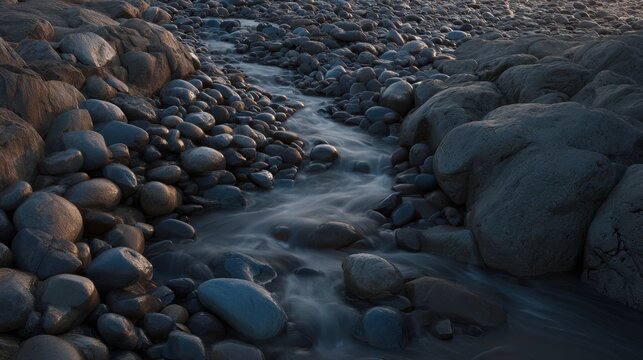 Muted grey pebbles smoothed by water and time in a flowing river bed showcasing natural erosion and texture.