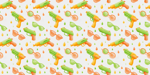 Fototapeta premium watercolor seamless pattern of colorful water guns, sunglasses, and water droplets on a white background, playful summer fun and Songkran festival theme