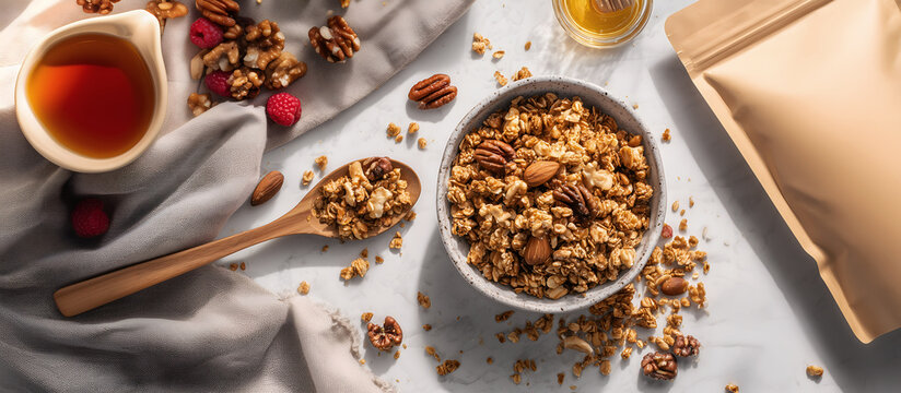 Creative food template. Bowl and spoon full of granola with walnut pecan almond nuts, with honey maple and packaging on napkin marble table. Copy text space. Long banner. Overhead top view