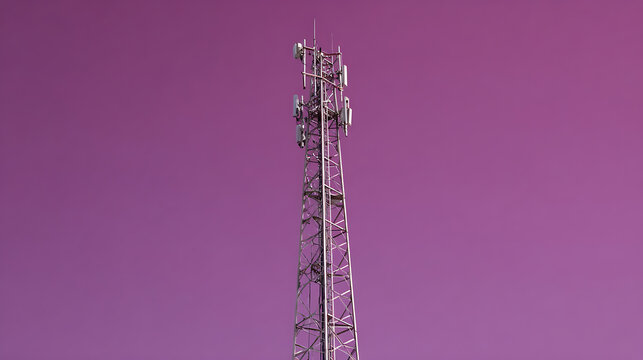 Telecommunication Tower Against a Vibrant Purple Sky: Modern Connectivity and Global Communication Infrastructure for Digital Services