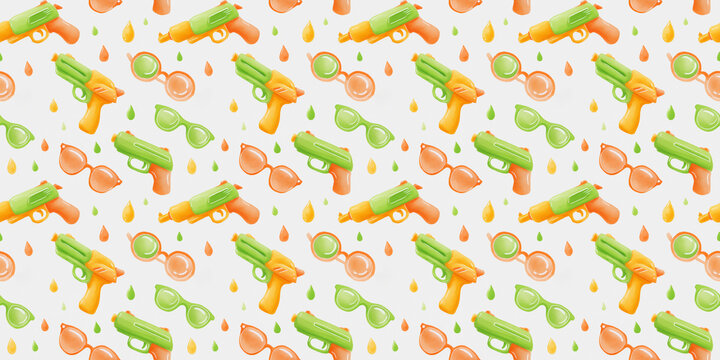 watercolor seamless pattern of colorful water guns, sunglasses, and water droplets on a white background, playful summer fun and Songkran festival theme