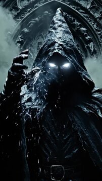 Mysterious figure in dark cloak appears with glowing eyes. He conjures mystical energy in foggy atmosphere. Vertical composition adds intensity to eerie scene. Unveil secrets of darkness.