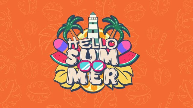 Summer Theme &ndash; Looping 4K animation featuring bold &ldquo;Hello Summer&rdquo; emblem with tropical elements like palm trees, watermelon, lighthouse, and sunglasses on vibrant patterned background.