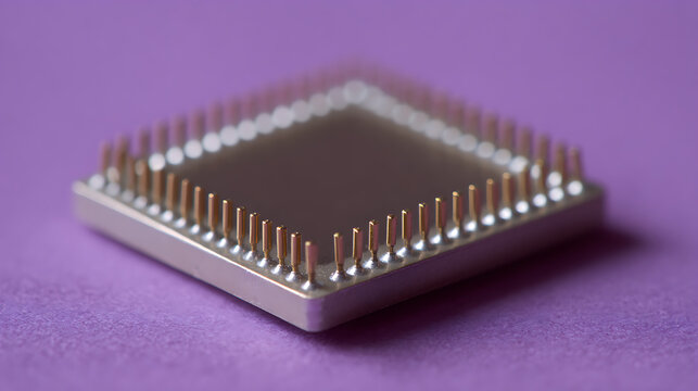 Modern Microprocessor Unit Close Up on Purple Background, High-Tech Computer Chip Pin Grid Array Detail for Advanced Technology Design