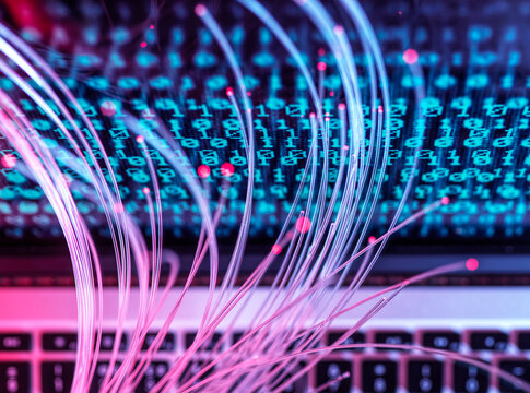 Fibre optic cables and binary code illustrating data transfer and AI