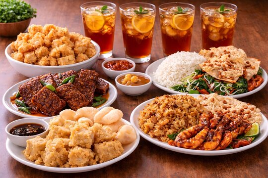 Indonesian meal featuring crispy tofu, sweet braised tempe (tempe bacem), salted fish fried rice, and  pecel with vegetables and peanut sauce. Served with rempeyek  and several glasses of ice tea.
