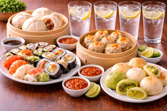 Asian cuisine featuring sushi, siomay dumplings, steamed buns, and traditional bakpia pastries served on plates on a wooden dining table. Accompanied by several glasses of cold drinking water.