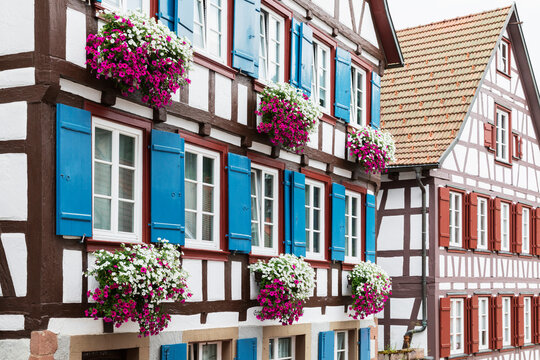 Historic half-timbered house with petunia flowers in Schiltach Germany