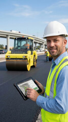 Obraz premium Road engineer monitoring asphalt paving project with tablet. Man in hardhat supervising highway construction. Modern infrastructure development, site management and digital technology concept.