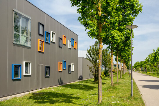 Modern office building with colorful window frames in Augsburg Bavaria