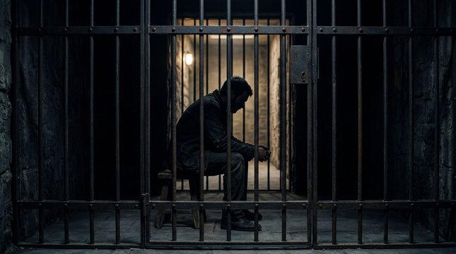 Silhouette of a depressed man sitting alone in a dark prison cell behind metal bars