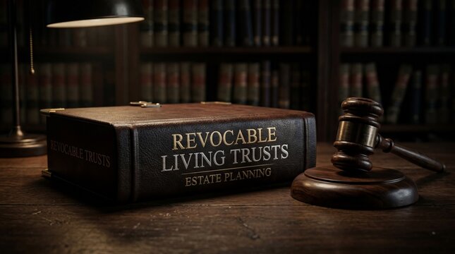 Revocable Living Trusts Estate Planning Leather Folder and Judge Gavel in Law Office