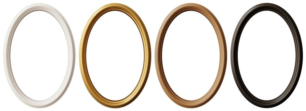 Four oval picture frames in white, gold, brown, and black are arranged neatly. They stand out clearly on a simple backdrop perfect for showcasing photos or art