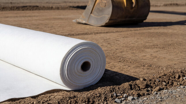 Geotextile fabric roll on ground for road construction. Infrastructure soil stabilization with material for drainage and separation on building site. Civil engineering foundation work.