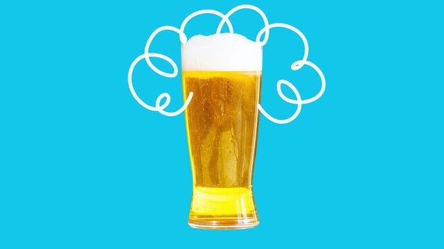 Various drinks rotating roulette style on blue background stopping on beer with drawn swirls around glass. Concept of beverage selection, drink promotion, bar menu choice, visual advertising content.